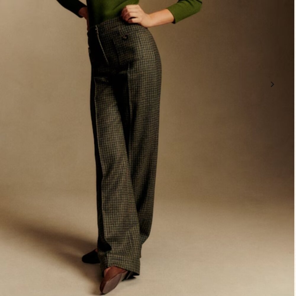 Sezane Dan Trousers Moss Green Houndstooth - Size 6